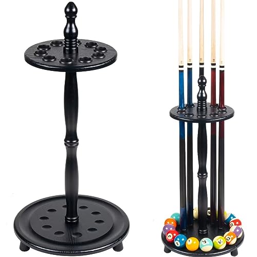 Collapsar Pool Stick Holder Floor Stand,Billiard Cue Rack Holds 10 Cues and a Full Set of Balls,Solid Wood Pool Cue Rack