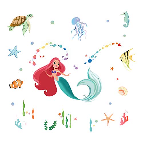 Runtoo Mermaid Wall Decals Under The Sea Fish Wall Stickers for Bathroom Girls Room Kids Baby Nursery Wall Decor