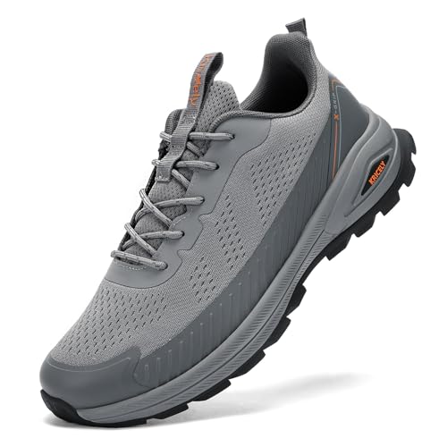 Kricely Men's Trail Running Shoes Non Slip Hiking Trekking Shoes Cross Training Tennis Shoes Breathable Shock Absorbing Sneakers Lightweight Workout Footwear Outdoor Gym Jogging Grey Size 13