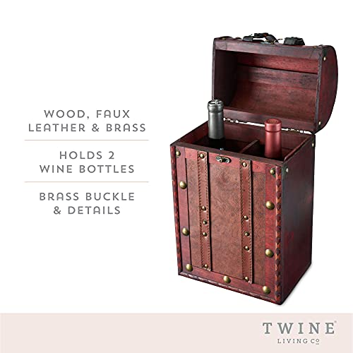 Twine Antique 2 Bottle Wooden Decorative Wine Box With Lid And Handle, Wine Accessory Sets, Wood, Faux Leather, Brass Accents #TOP1