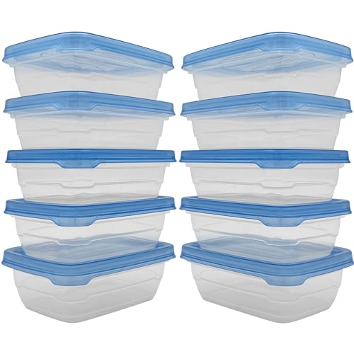 MAKREL Small Rectangular 150ml BPA-Free Storage Containers with Transparent Lids. Unbreakable Mini Food Tubs, Dishwasher, and Microwave Safe (Blue Lids, Pack of 10)
