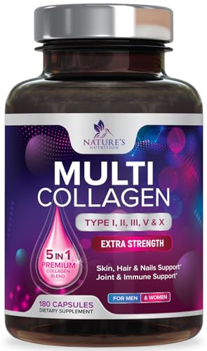 Collagen for Women & Men, Type I, II, III, V, X Collagen Pills Complex, Grass Fed Non-GMO, Nature's Hydrolyzed Multi Collagen Peptides Supplement, Hair, Skin, Nail, Joint Health Support - 180 Capsules