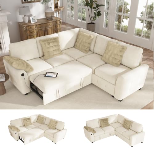 Image of Hanherry Sectional Couch with Pull Out Sofa Bed,Chenille Sleeper Sofa with 2 Seat Storage & USB Charging,Comfy L Shaped Modular Couches for Living Room,Apartment