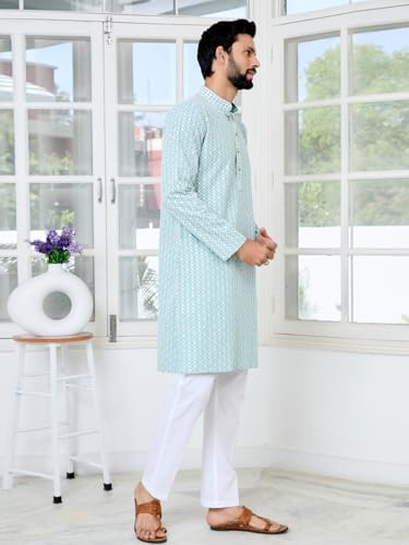 Image of See Designs Men's Full Sleeve Mandarin Collar Embroidered Thread Work Sequinned Rayon Straight Long Kurta - Festive Collection