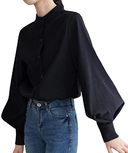 [サン ブローゼ] 上品 シフォン トップス バルーンスリーブ スタンドカラーシャツ 無地 ブラウス シャツ トップス 柄ブラウス 春夏 秋冬 長袖 ながそで オフィス パーティー 結婚式 ルームウェア ルーム ウェア ゆる 薄手 ロング丈 たけ シンプル スリーブ ふわとろ 柔らか トップ 襟つき ロングトッパー フォーマルドレス ぶらうす ドレスシャツ ソデアリ 着痩せ 柄シャツ ブラック M