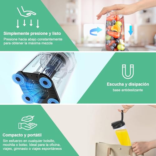 Rawhui Batidora de Vaso Individuales, 800W Portatil Eléctrica Batidoras Smoothies Maker para Moler y Mezclar, Licuadora para Zumos, Batidos, Cocina, Oficina, Gimnasio, 2 Botellas de 600ml, sin BPA - imagen 4