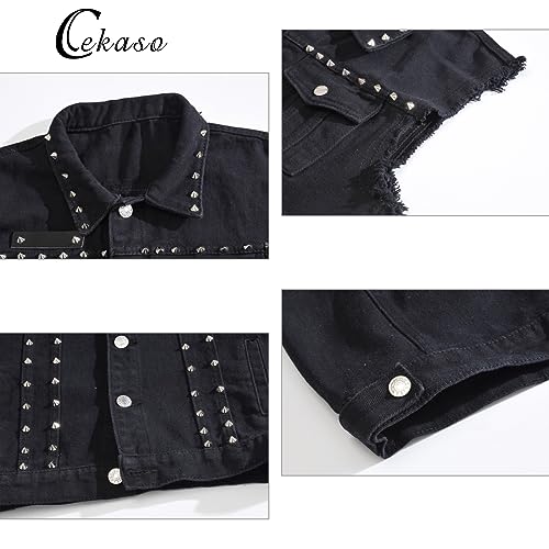 Cekaso Men's Denim Vest Sleeveless Jacket Punk Casual Lapel Jean Vests With Rivets, Black, Tagsize2Xl=Ussizes #TOP2