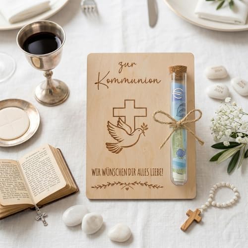 JOYEASE Kommunion Geschenke für Mädchen Jungen, Geldgeschenk Kommunion Verpackung Holz mit Reagenzglas, Geschenke zur Erstkommunion, Kleine Kommunionsgeschenke