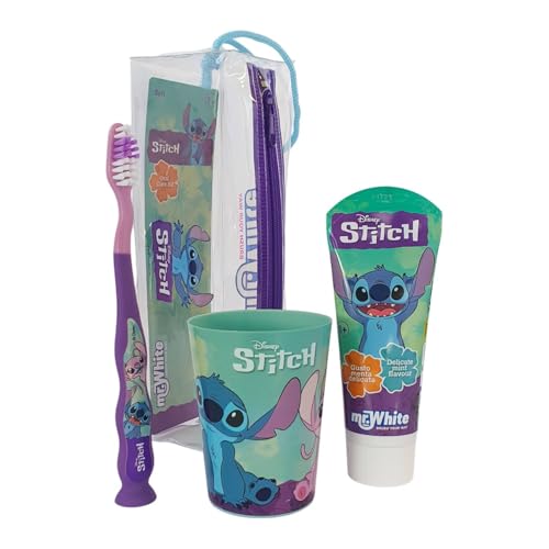 Disney Stitch Kids - Juego de cepillos de dientes con tapa protectora, ventosa y cerdas suaves, pasta de dientes con sabor a menta y vaso multiusos para niños a partir de 3 años