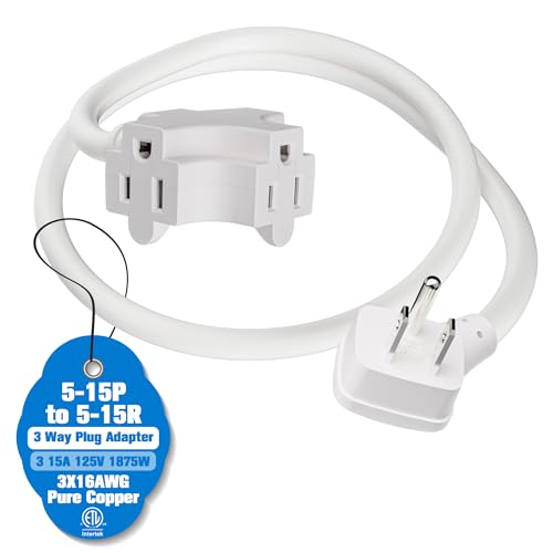 3 Prong 3 Outlet Cable 4FT, Power Splitter Plug Outlet, 3 Way Electrical Splitter, Power Extension Cord, ETL Listed, 13A, 125V, 1625W, 16AWG, SJT, 45 Degree Plug