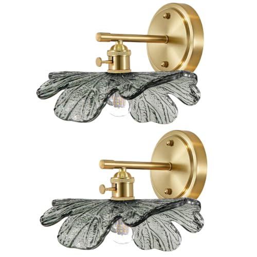 Image of Vintage Bathroom Vanity Light Set of 2 with Dark Green Flower Glass | Art Deco Wall Sconces, Gold Living Room Hallway lighting fixtures, 110V E26 Brass, Supports dimmable bulbs, Easy to install
