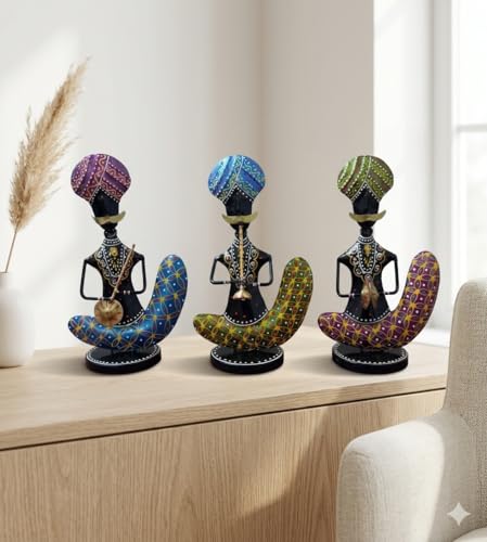 Image of Rajasthani Chaudhary Musician Figurines Set of 3 Handcrafted Traditional Indian Art Showpiece | Decorative Table Decor for Home, Living Room, Office & Shelf Styling