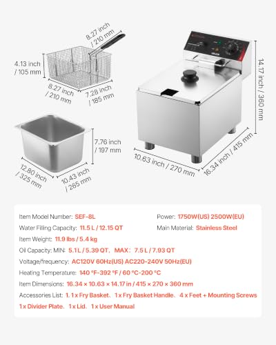Image of VEVOR Commercial Electric Deep Fryer, 12.15 Qt, 1750W Stainless Steel Countertop Fryer with Basket and Lid, Overheat Protection, Temp Control, Adjustable Feet for Commercial Restaurant Use, Silver