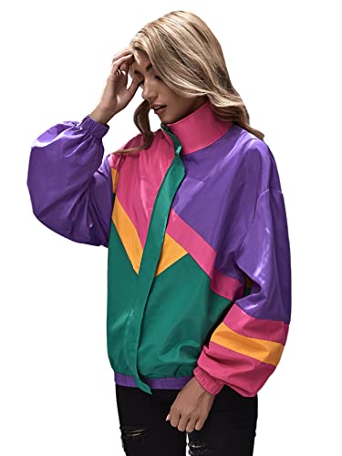 SweatyRocks Women's Zip Up Color Block Lightweight Jacket Patchwork Sport Windbreaker Jacket Coat Outerwear4