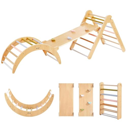 Image of Asweets 4 in 1 Pikler Triangle Gym, Montessori Foldable Climber with Ramp, Indoor Climbing Toys for Kids, Climbing Triangle for Toddlers Arch Climber, Rocker, Learning Waldorf Children Toy, Light