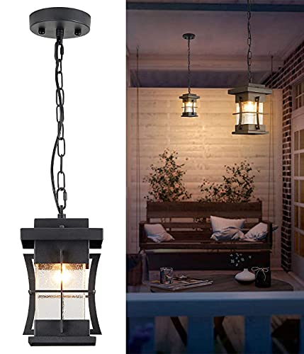 Eeru Outdoor Pendant Light Fixture Exterior Hanging Lantern With Adjustable Chain Black Finish With Seeded Glass Outside Lights For House Patio Front Porch Lighting #TOP7