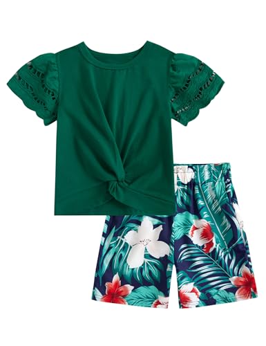 Image of mksodop Girls Clothes 2-Piece Teen Girls clothes Lace Hollow Short-Sleeved Twist T-Shirt And Floral Short Girl Summer Outfits