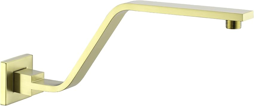 16 Inch S Shape Brushed Gold Shower Head Arm, Square Wall Mounted Shower Arm and Flange Included