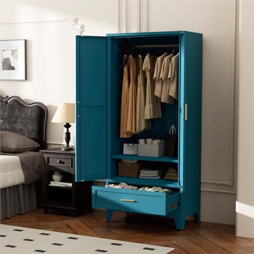 Image of Blue Metal Wardrobe Closet for Bedroom, 71 inch Freestanding Armoire Wardrobe with Drawer and Shelf, Hanging Rod Clothing Storage Cabinet with Two Doors, Tall Farmhouse Clothes Cabinet Bedroom Armoires