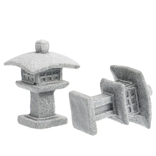 OFFSCH 2pcs Japanese Sandstone Mini Pagoda Lantern Statue, Small Curved Zen Garden Decor for Bonsai and Aquarium, Outdoor Patio Pavilion Model for Home Decoration