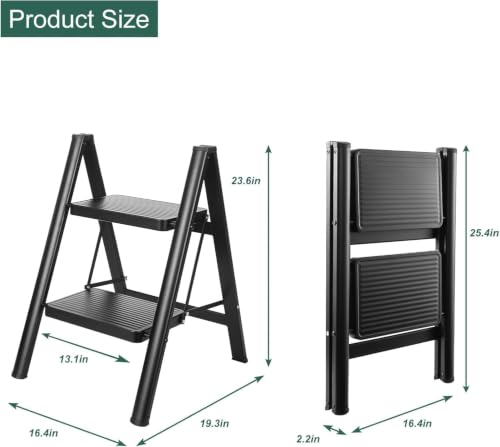 Image of Compact 2 Step Folding Ladder with Non-Slip Steps | Lightweight & Durable Steel Step Stool | Foldable Space Saving Design | Home Kitchen Office Ladder | Black Finish