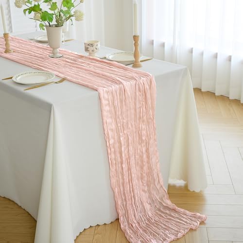 Cheesecloth Gauze Boho Rustic Table Runner - 35x120 Inch Long for Wedding, Baby & Bridal Showers - Dusty Pink