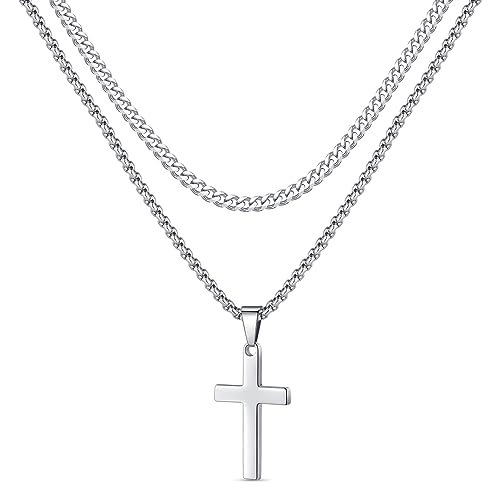 AIFUYUDM Corrente de cruz de prata para homem, 2 unidades, colar clássico para homem, corrente de prata, corrente de hip-hop, corrente cubana, corrente cruz, correntes para homens, presentes para