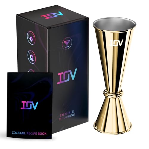 IOV Jigger for Bartending, Professional Double Cocktail Jigger with Recipes Booklet, Japanese Premium 18/8 stainless steel jigger 2 oz 1 oz with Dimensions Inside Measuring Cocktails Jigger-Gold