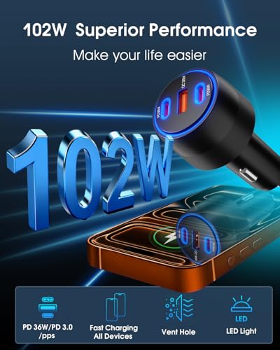 [3 in 1] USB C Car Charger 102W Super Fast Charging Adapter,3-Port PD PPS Car Charger with Ventilation Design, Dual 36W USB-C & 30W USB-A Ports for iPhone 17/16/15/14, Samsung Galaxy, iPad,Laptop - image 3