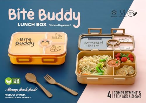 Image of Xmart India Bite Buddy Lunch Box with 4 Compartments Airtight Tiffin Box for School, College & Office Includes 1 Spoons & 1 Fork Lunch Box for Office use, Tiffin Box for School(800ML, Multicolor)