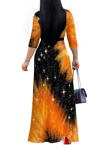 Image of Plus Size Dresses for Women Print Maxi Dresses 3 /4 Sleeve with Belt