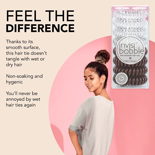 invisibobble Original Traceless Spiral Hair Ties - Pack of 8, Crystal Clear and Pretzel Brown - Strong Elastic Grip Coil Accessories for Women - Non Soaking - Gentle for Girls Teens and Thick Hair