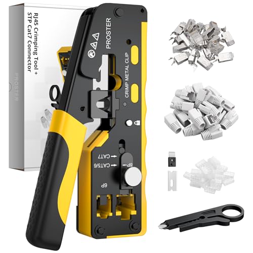 Proster Crimpatrice RJ45 Professionale con Design a Foro Passante per CAT7 Kit di Strumenti per Crimpatura con 20 Connettori Schermati Spelacavi e Lama di Ricambio Ideale per Reti ad Alta Velocità