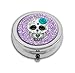 Udoosun Pill Box Case - Custom Personlized Round Tablet Medicine Pocket Purse Travel Pill Vitamin Decorative Box Case Holder (Shiny Purple Glitter with Sugar Skull Owl)