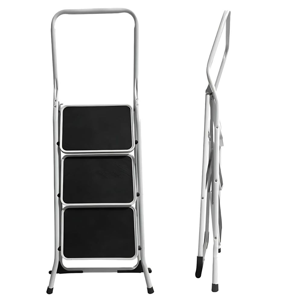 FACILITYS Escabeau 3 Marches Pliable en Acier - Marchepied Antidérapant avec Garde-Corps - Charge 150 kg - Échelle Domestique Stable pour Maison, Bricolage et Cuisine