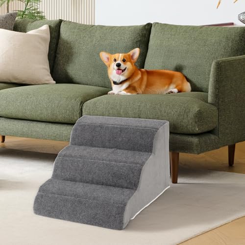 Image of 3-Step Sturdy Foam Dog Stairs with PE Support Board, Cover Removable, Pet Steps for Small to Medium Dogs & Cats, 13''H Dog Step for Sofa, Chair, or Stairs