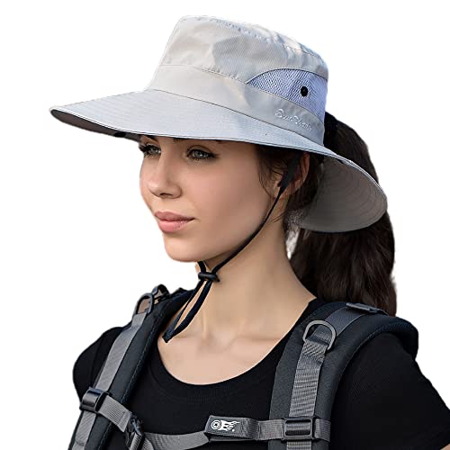 Women s Sun Hat with Ponytail-Hole UV Protection Foldable hat for Outdoor Yard Work Mesh Wide Brim Beach Fishing Hat (Light Grey)