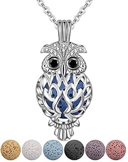 CELESTIA Womens Aromatherapy Essential Oil Diffuser Necklace, Silver Plated Wise Owl Locket Pendant with Chain and Volcanized Rock, Healing Jewellery