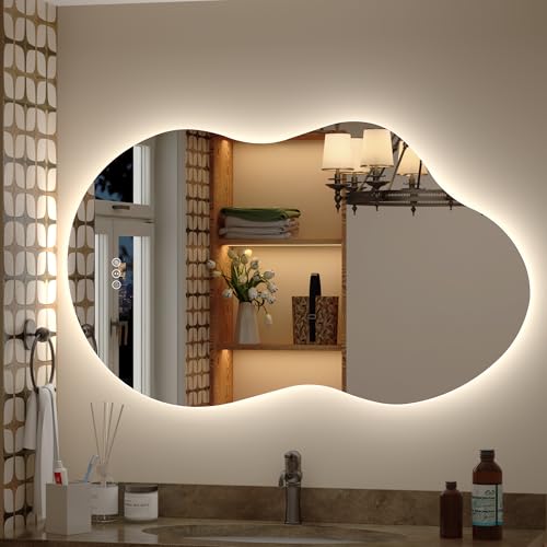 Image of 40x24 Inch Irregular Cloud LED Bathroom Mirror | Asymmetrical Backlit Bathroom Vanity Mirror, Anti-Fog, Dimmable, 3 Colors, Memory, Shatterproof (Horizontal /Vertical)