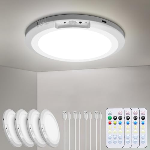 HLCZLUZ Lámpara de techo recargable con sensor de movimiento para interiores y exteriores con control remoto, 7.08 pulgadas, funciona con pilas, lámpara de techo empotrada de 3000 K, 4000 K, 6000 K