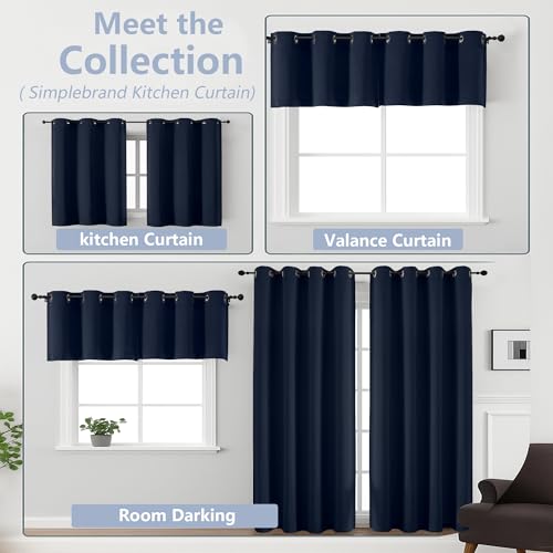 Image of Simplebrand Navy Blue Window Valance for Kitchen 14 Inches Long 2 Panels Set, Room Darkening Valance Curtains for Living Room, Grommet Short Privacy Kitchen Curtains for Bedroom Kids Room, 40Wx14L