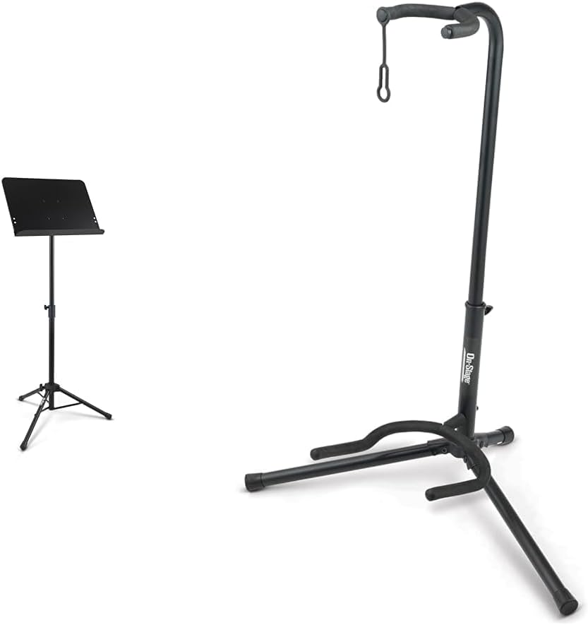 On-Stage SM7211B Professional Grade Folding Orchestral Sheet Music Stand, Black & XCG4 Black Tripod Guitar Stand, Single