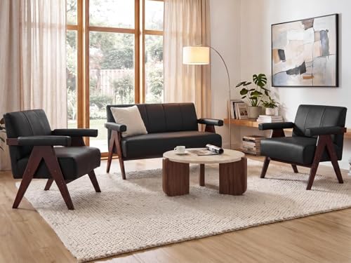 Image of Faux Leather Loveseat and Accent Chairs Set, Living Room Furniture, Black