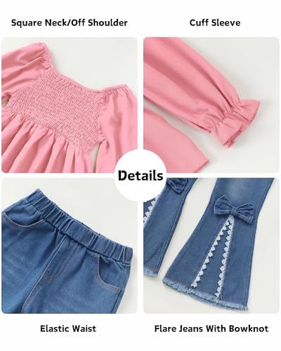 Image of XUANHAO Toddler Girls Clothes Puff Sleeve Smocked Shirt Flare Jeans Pant Outfits for Girl Bell Bottom Kids Girls Clothing Set