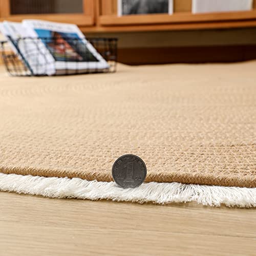 Image of Cotton Rope Rounds Rug with Tassels - Handwoven Bohemian Carpet for Living Room, Bedroom, Pooja & Home Decor, Soft & Washable Floor Mat, Beige, 6x6 feet