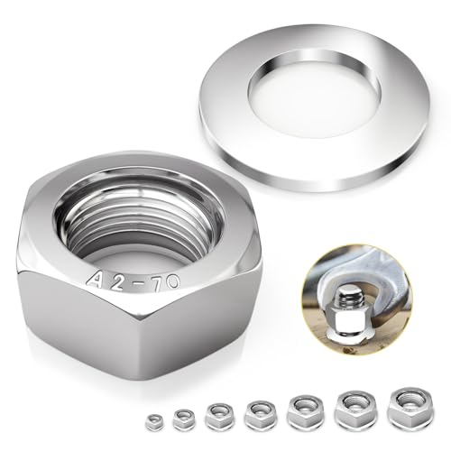 Dadi esagonali M10, in acciaio inox A2 V2A 304, con rondelle, 10 dadi esagonali, DIN 934, autobloccanti (versione standard), per viti, bulloni filettati e barre filettate