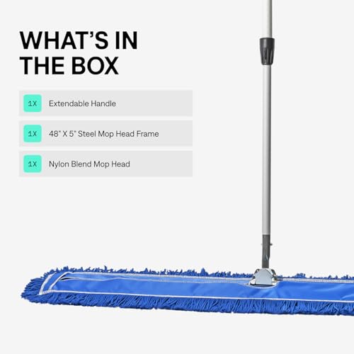 Image of 48 Inch Blue Commercial Dust Mop & Floor Sweeper with Extendable Handle - Mop for Hardwood, Tile, and Concrete Floor Cleaning