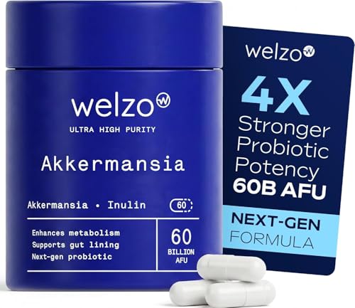 Welzo Ultra Purity Akkermansia 60 Billion AFU Next-Gen Probiotic Supplement with Inulin & Lactobacillus 60 Vegan Capsules for Gut Health Metabolism & Digestive Support
