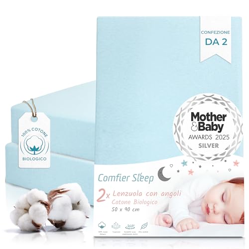 Lenzuola Culla 50x90 cm - Lenzuola Lettino Neonato in Cotone Biologico - Set 2 Pezzi Colore Blu - Elasticizzate per Navicella Neonato