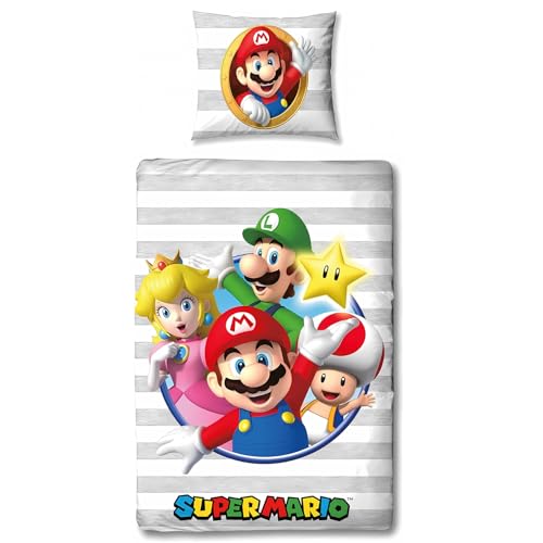 arlis Parure de Lit Super Mario, Housse de Couette Réversible 140x200 cm, Taie d'oreiller 65x65 cm (Parure de lit Super Mario)